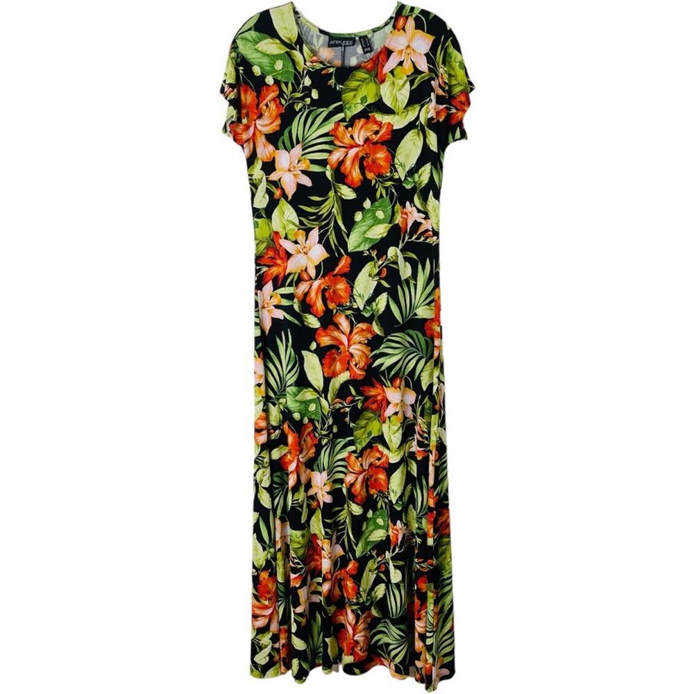 Vintage black green orange floral tropical Hawaiian vacation maxi dress small